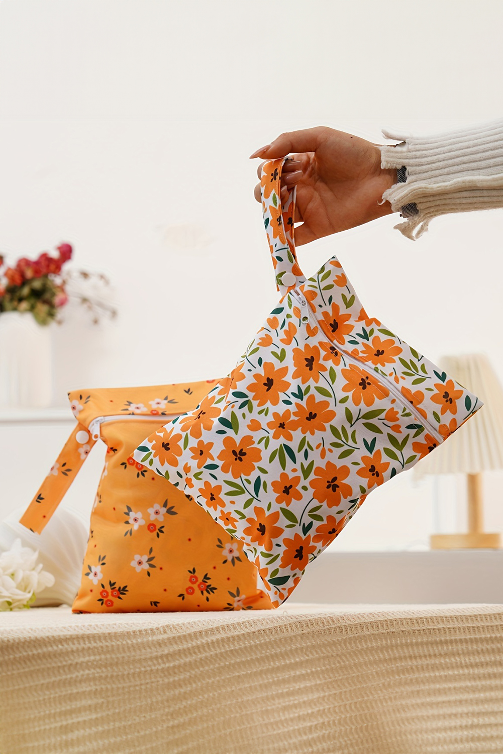 Russet Orange 2pcs Floral Print Zip Canvas Bag