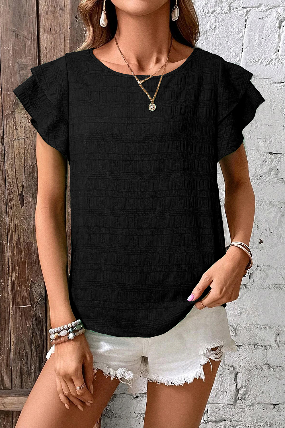Dark Green Textured Ruffled Sleeve Round Neck Top