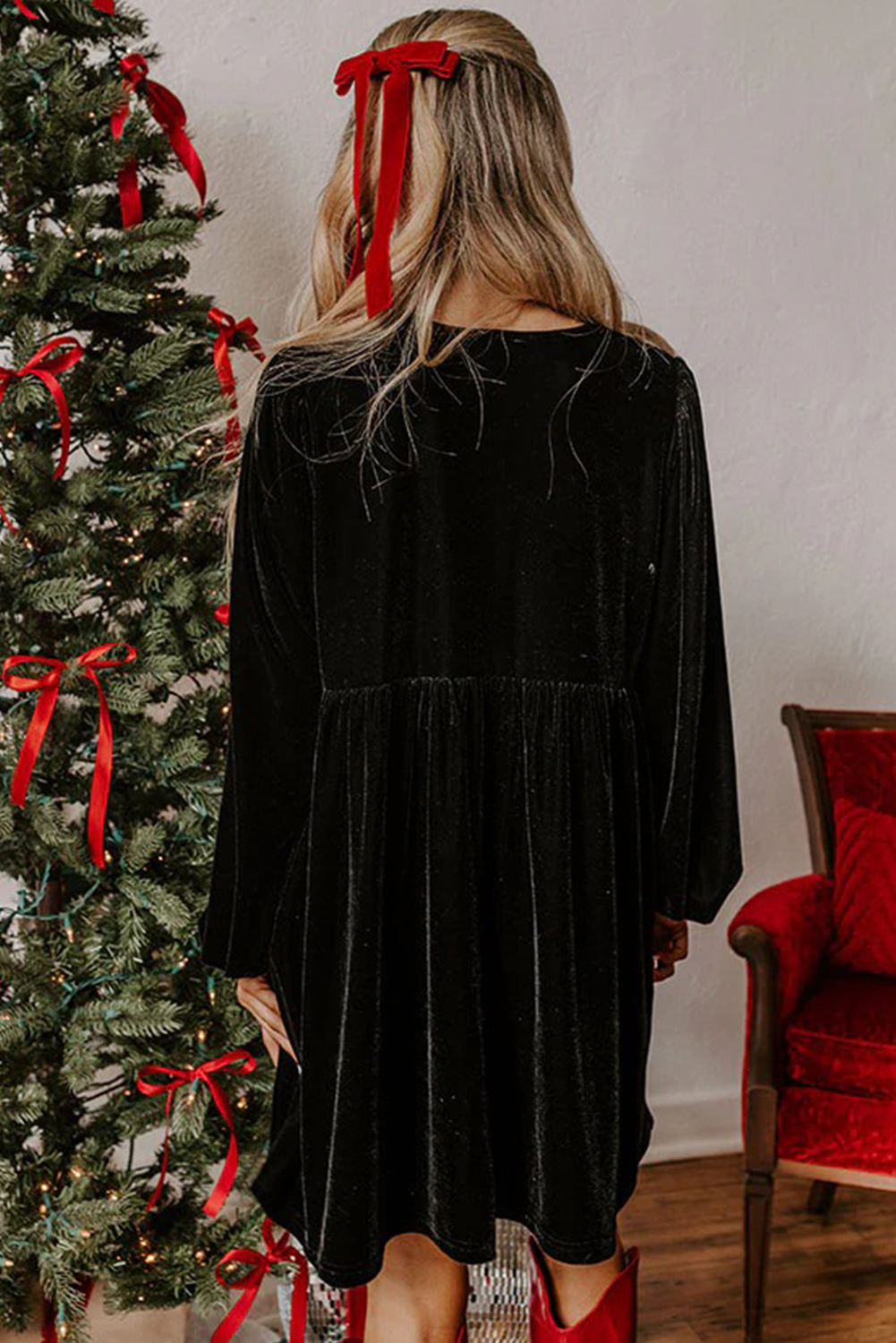 Black Front Tie Velvet Bubble Sleeve Mini Dress