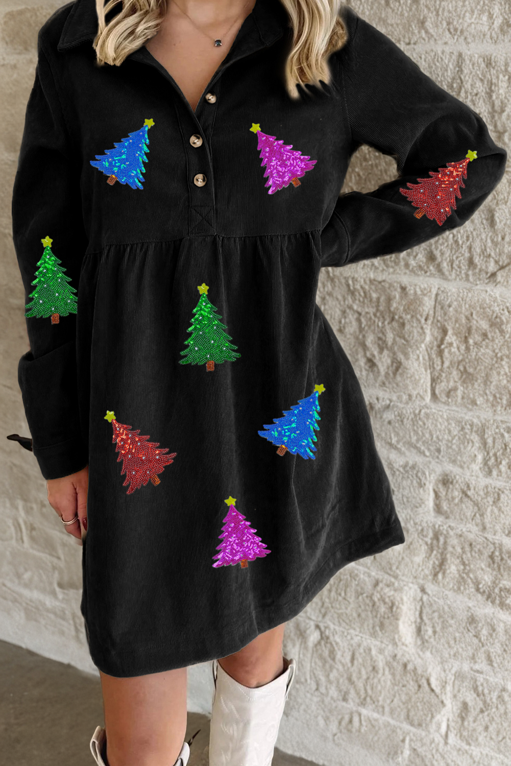 Black Shimmer Christmas Tree Patched Patterned Half Buttons Long Sleeve Dress