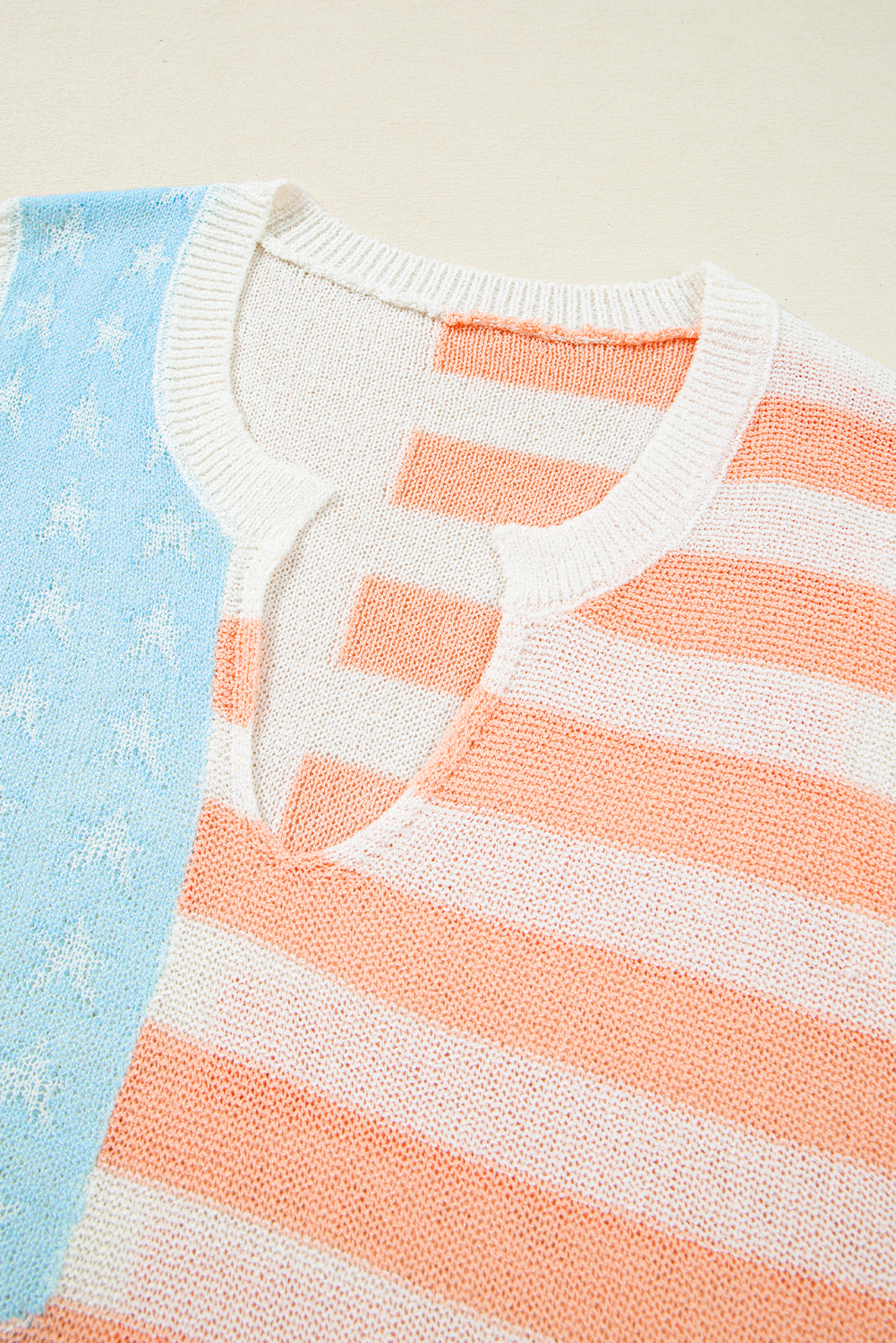 Beige USA Flag Notched Neckline Loose Sweater Vest