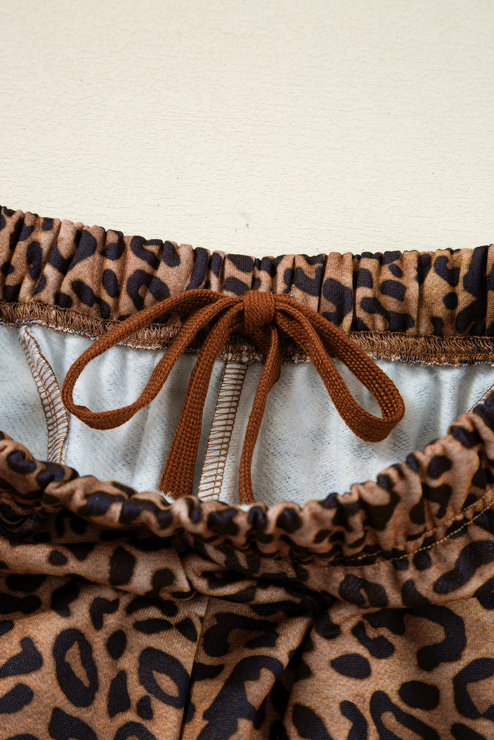 Coffee Leopard Print Contrast Trim Long Sleeve Top and Pants Set