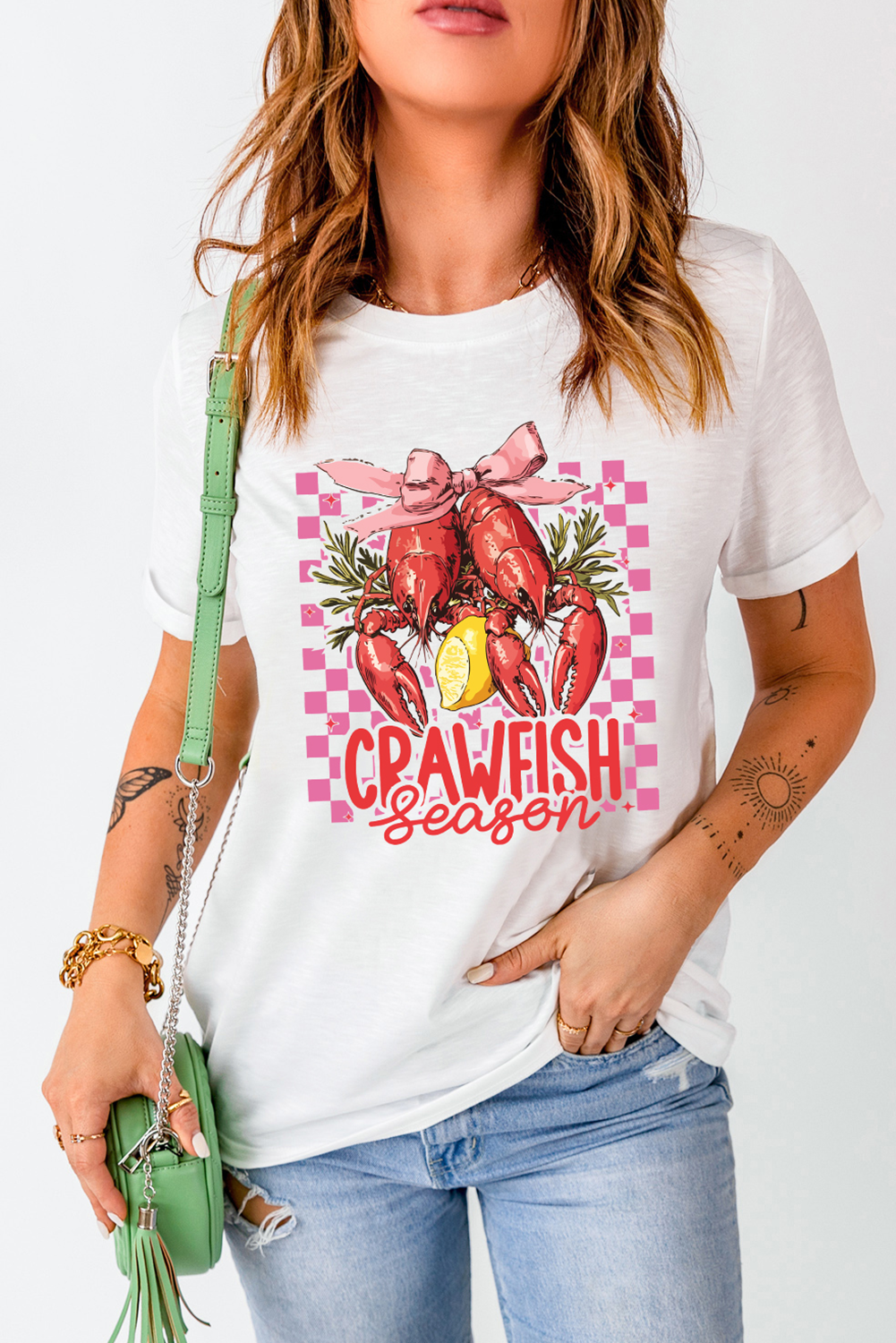 White Checkerboard Bow Crawfish Season Printed Crewneck T Shirt