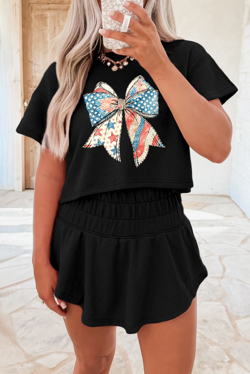 Black American Flag Inspired Bow Print Relaxed Tee and Skort 2pcs Outfit