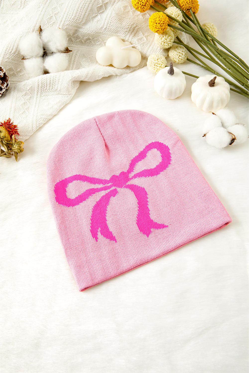 Pink Ribbon Bow Print Soft Knit Beanie