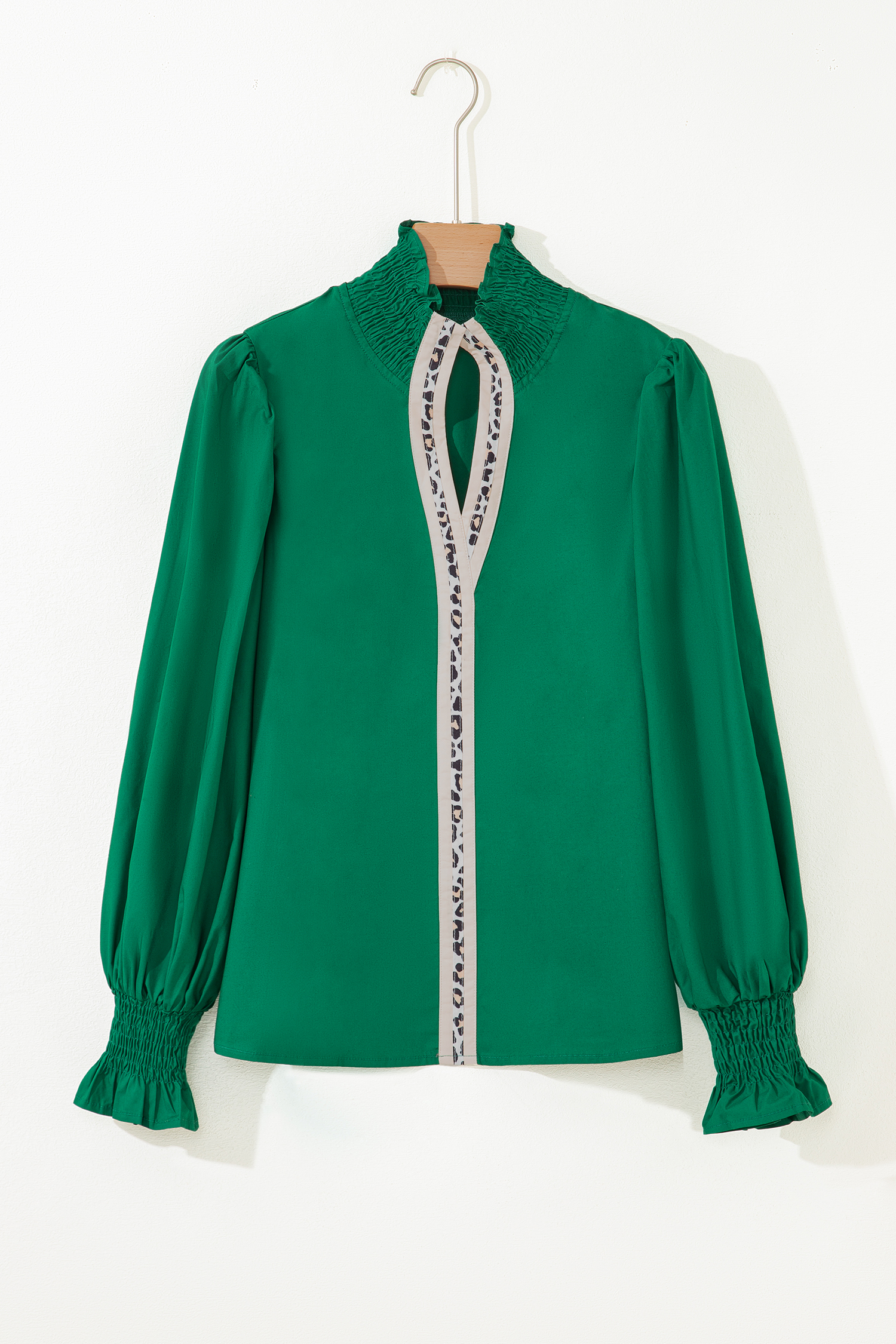 Evergreen Puffy Flounce Sleeve Leopard Trim V Neck Blouse