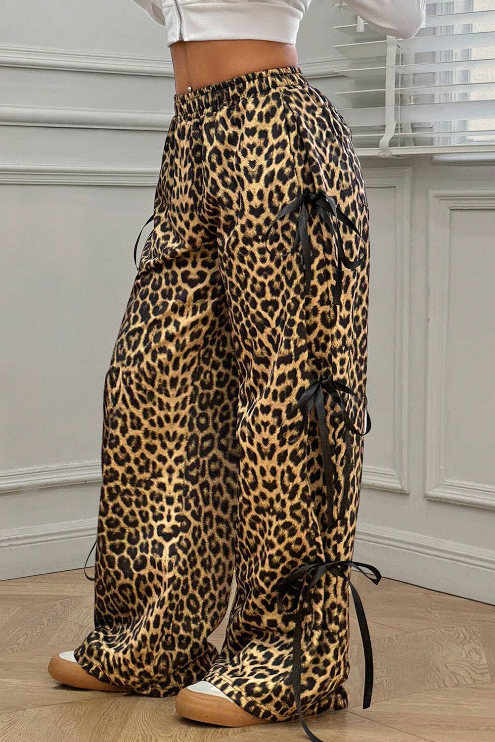 Brown Leopard Print Bow Tie Elastic Waistband Loose High Waist Pants