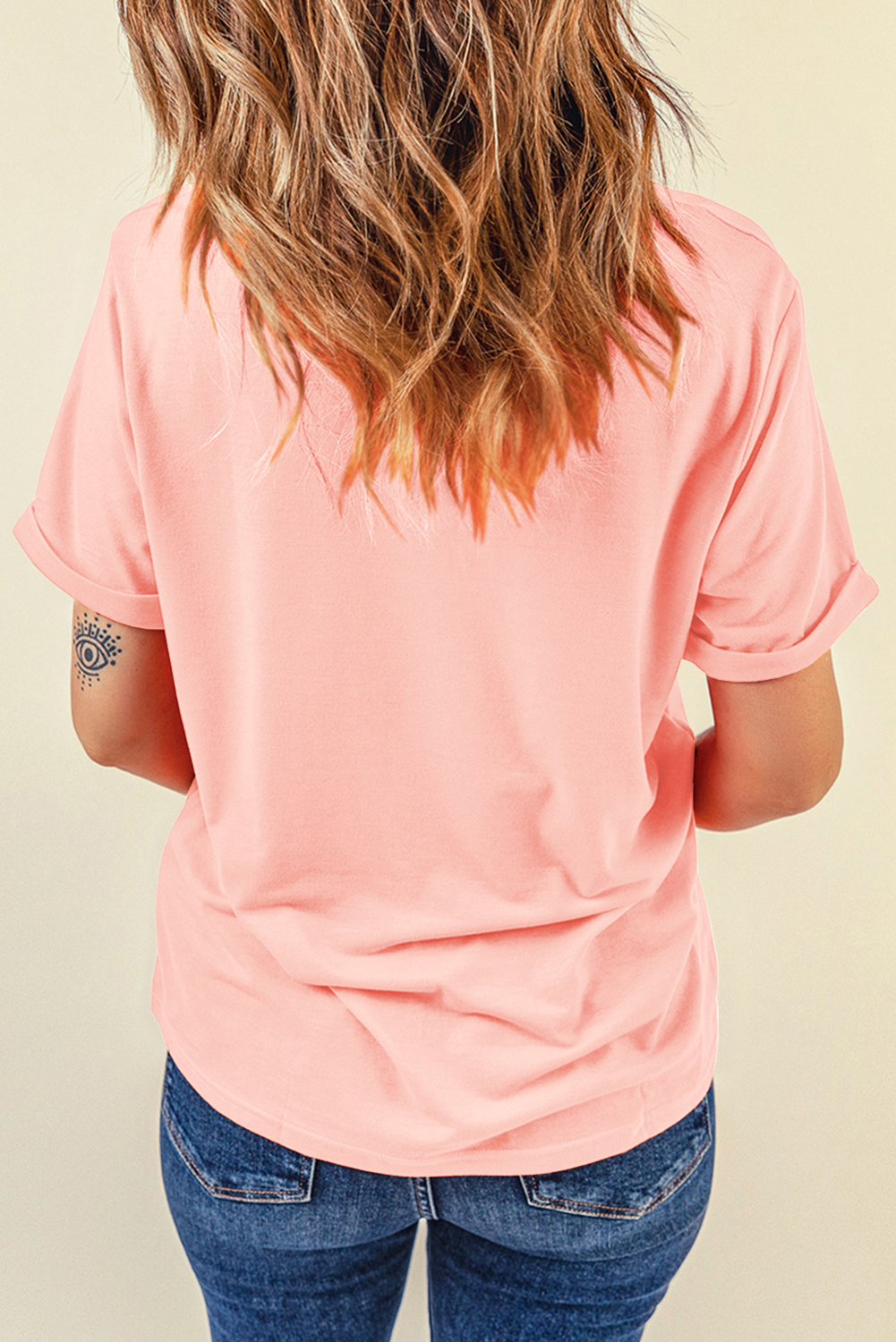 Pink Guitar Flower Print Crew Neck Loose T Shirt