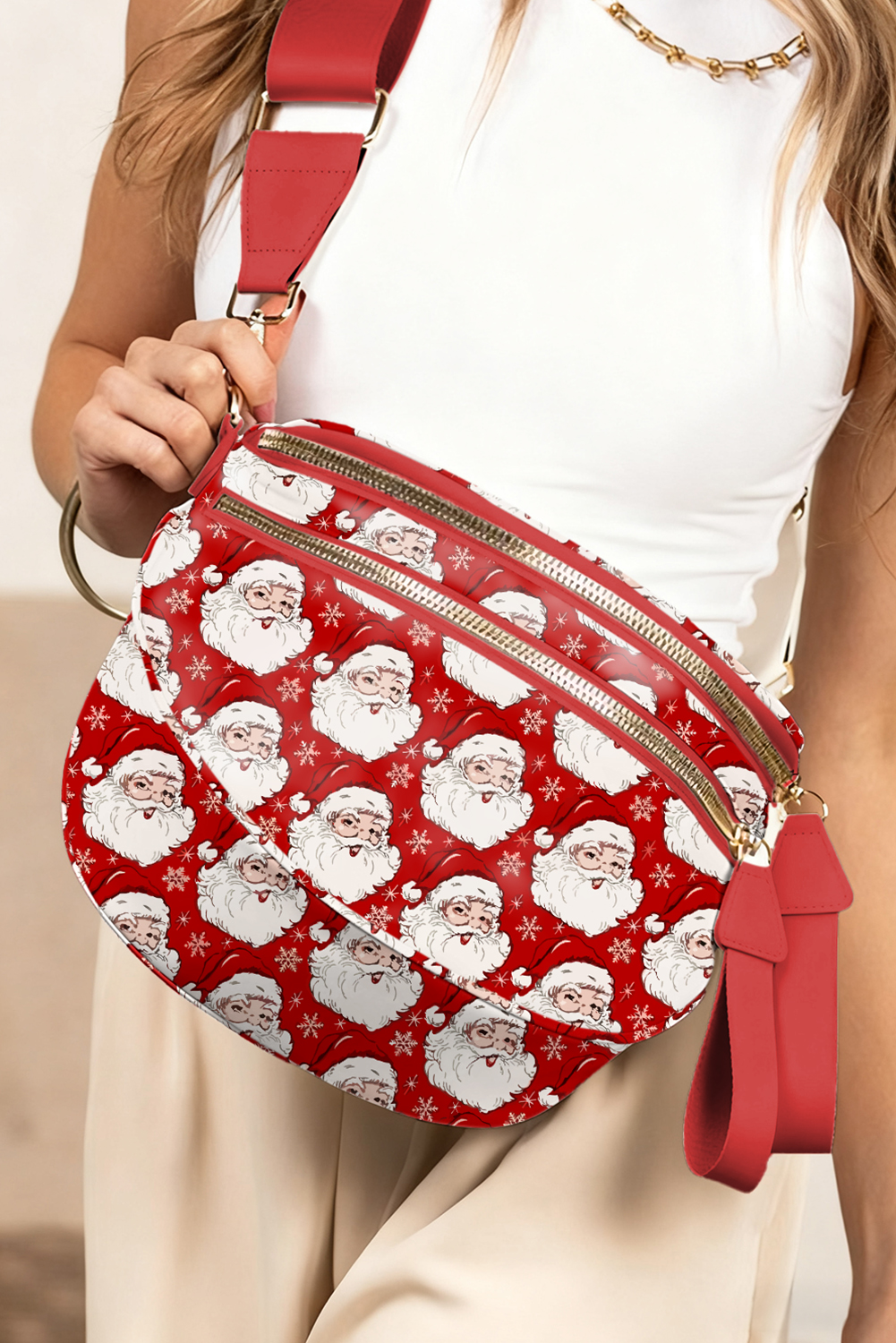 Fiery Red Christmas Theme Double Zip PU Leather Crossbody Bag