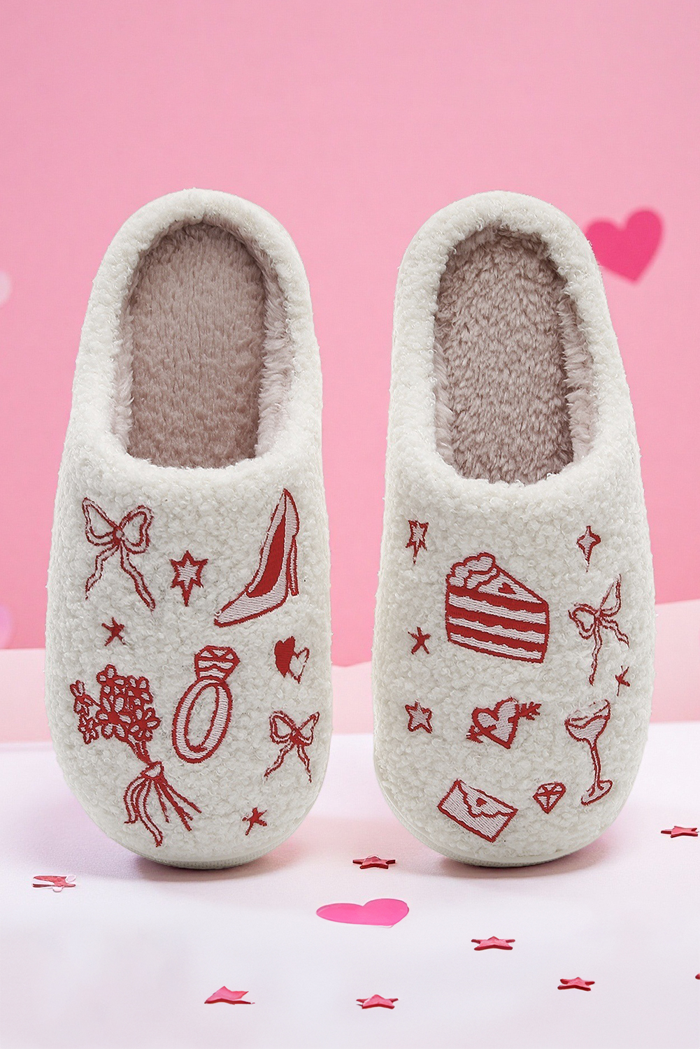 Fiery Red Plush Asymmetric Wedding Doodles Embroidered Slippers