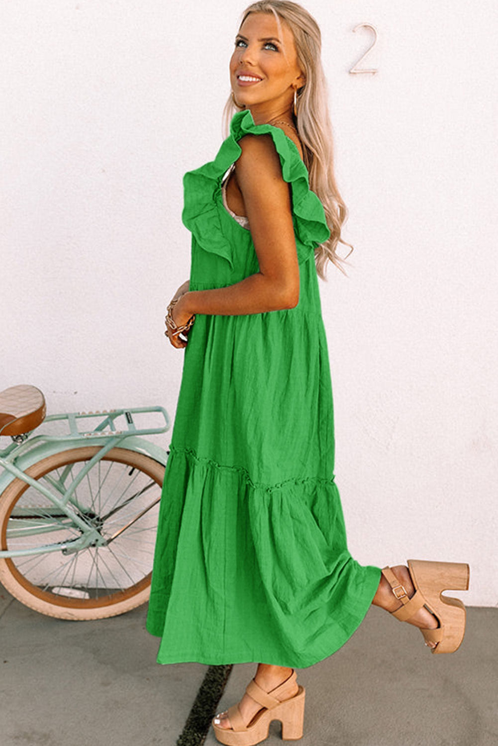 Sky Blue Ruffled Flutter Sleeve Square Neck Textured Tiered Maxi Dress