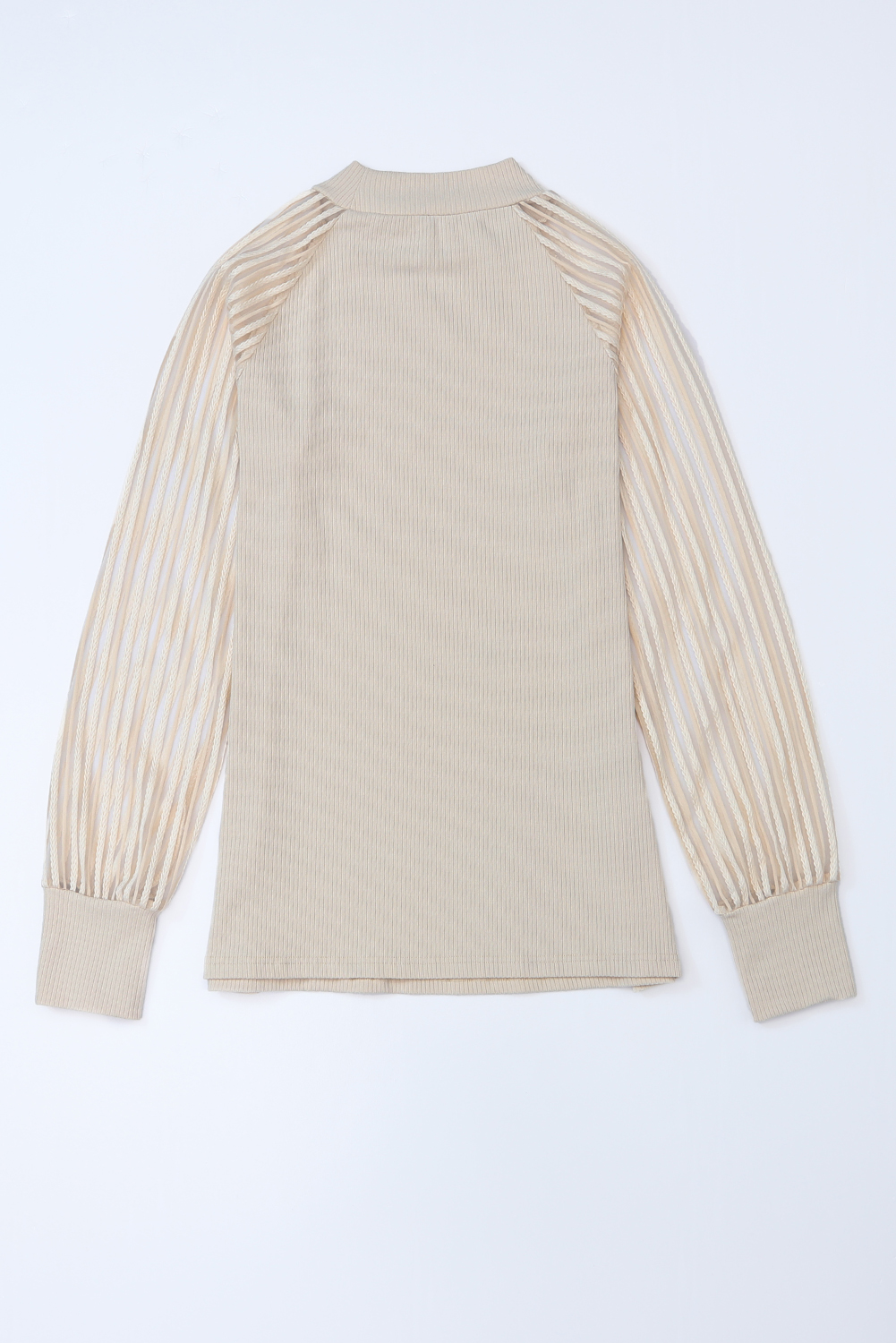Gray Striped Mesh Long Sleeve Crewneck Ribbed Top