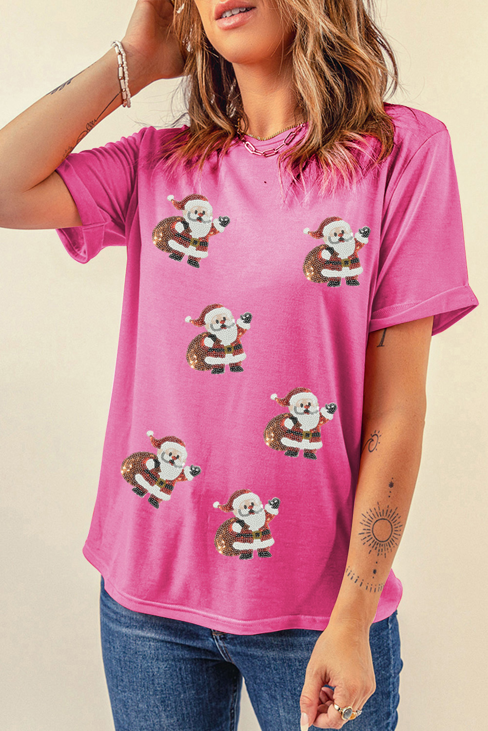 Sachet Pink Santa Claus Deliver Gifts Sequin Graphic Tee