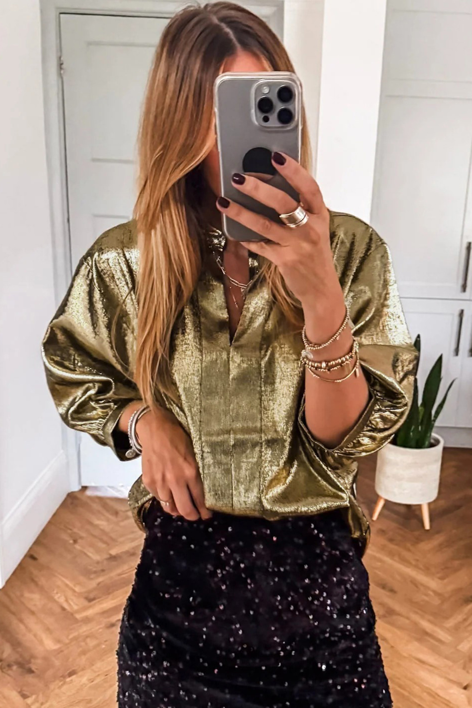Apricot Metallic Round Neck Smocked Long Sleeve Blouse