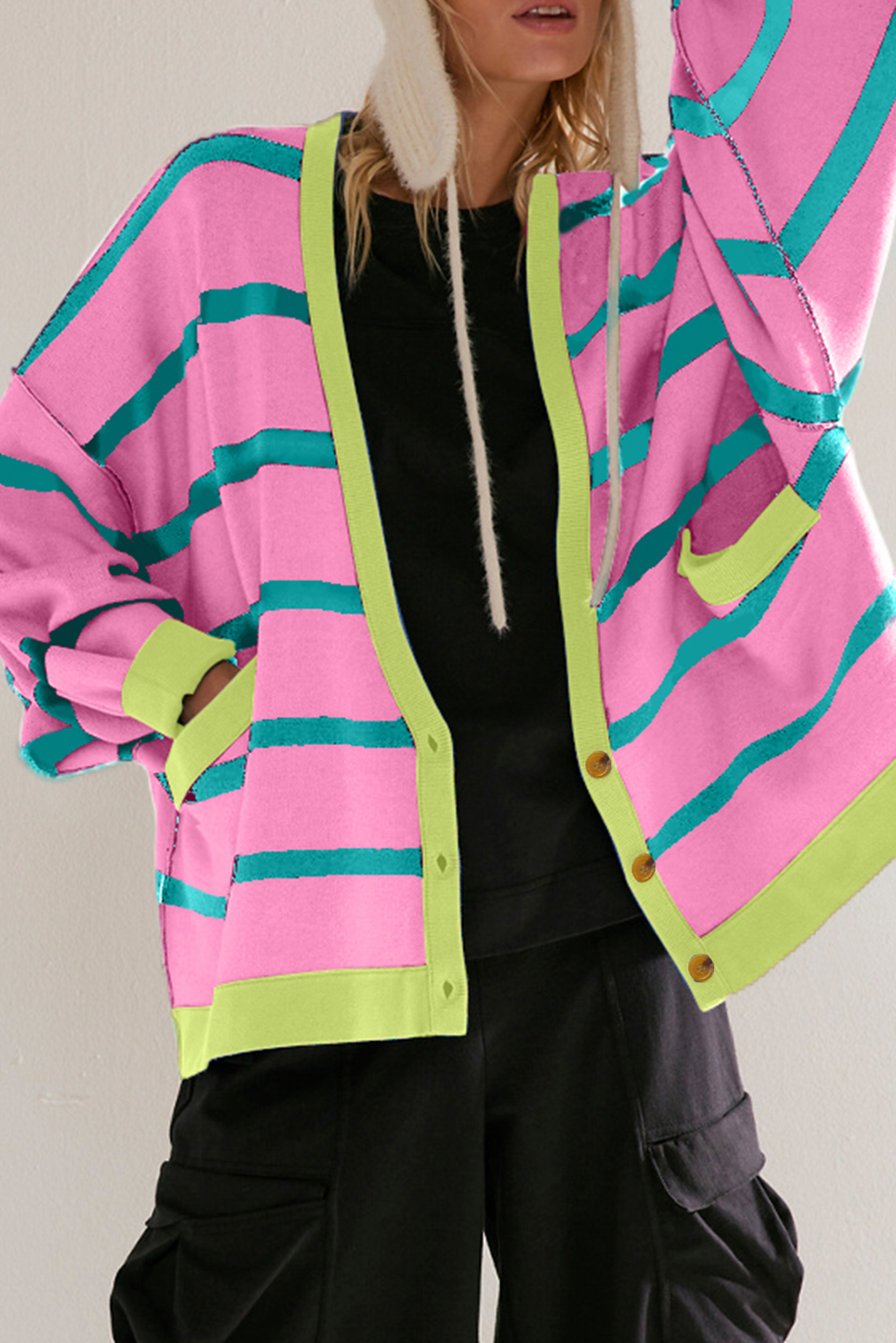 Pink Stripe Colorblock Drop Shoulder Buttoned Loose Cardigan