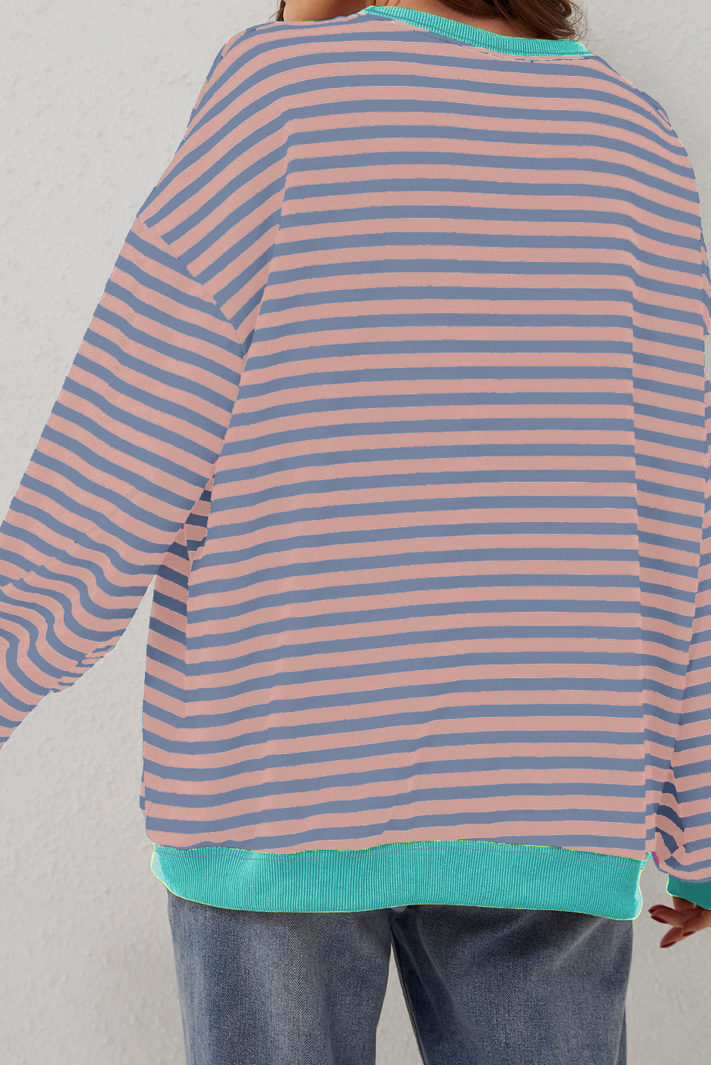 Red Stripe Contrast Ribbed Trim Crossed Stitch Drop Shoulder Sweatshirt