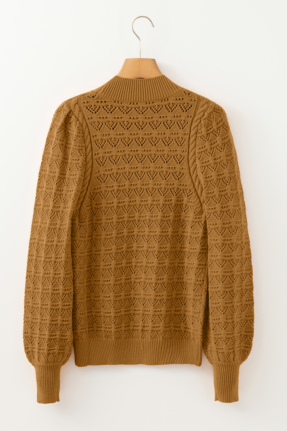 Jurassic Gold Hollow Out Crochet Ribbed Edge Balloon Sleeve Sweater
