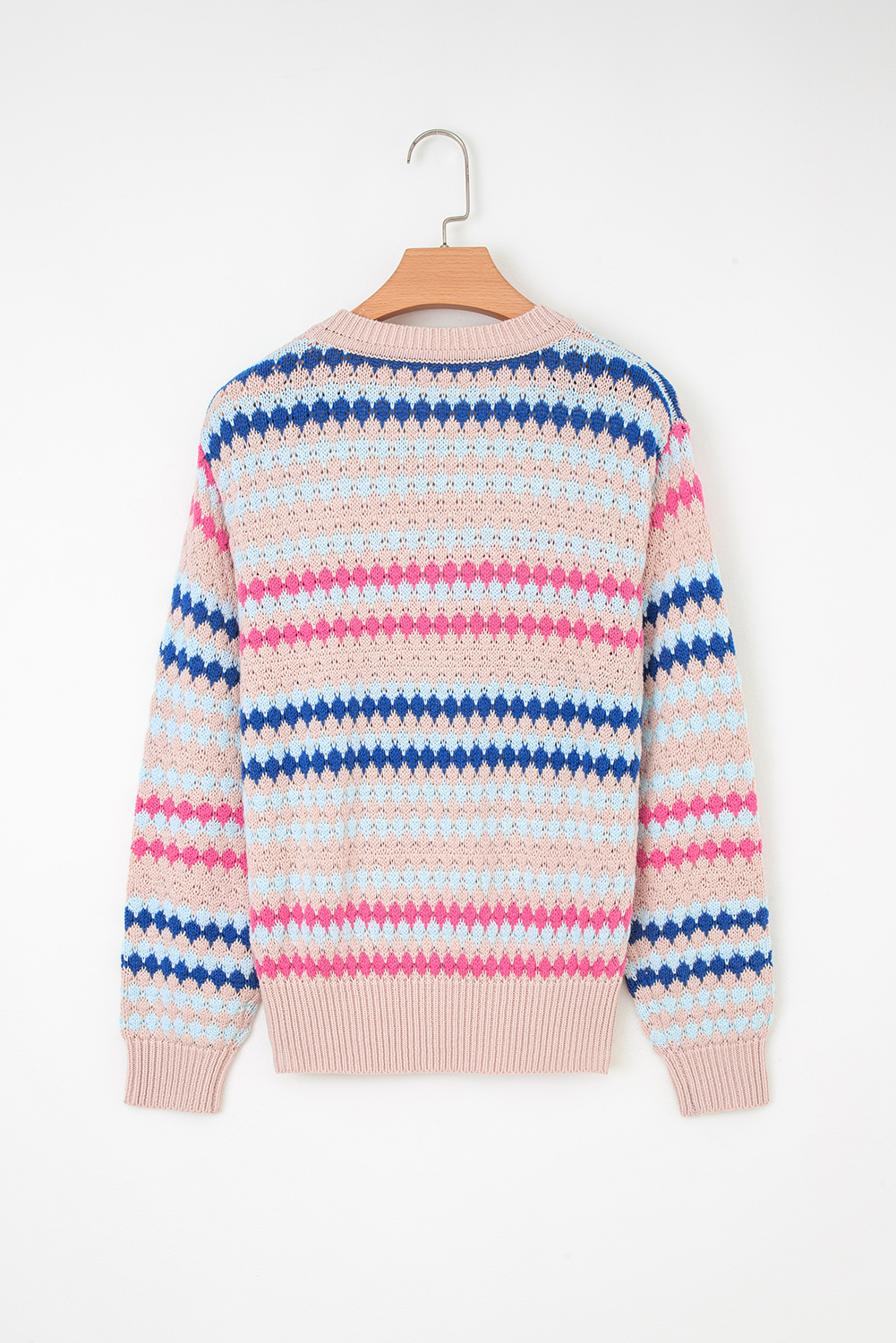 Brown Stripe Eyelet Patterned Drop Shoulder Sweater