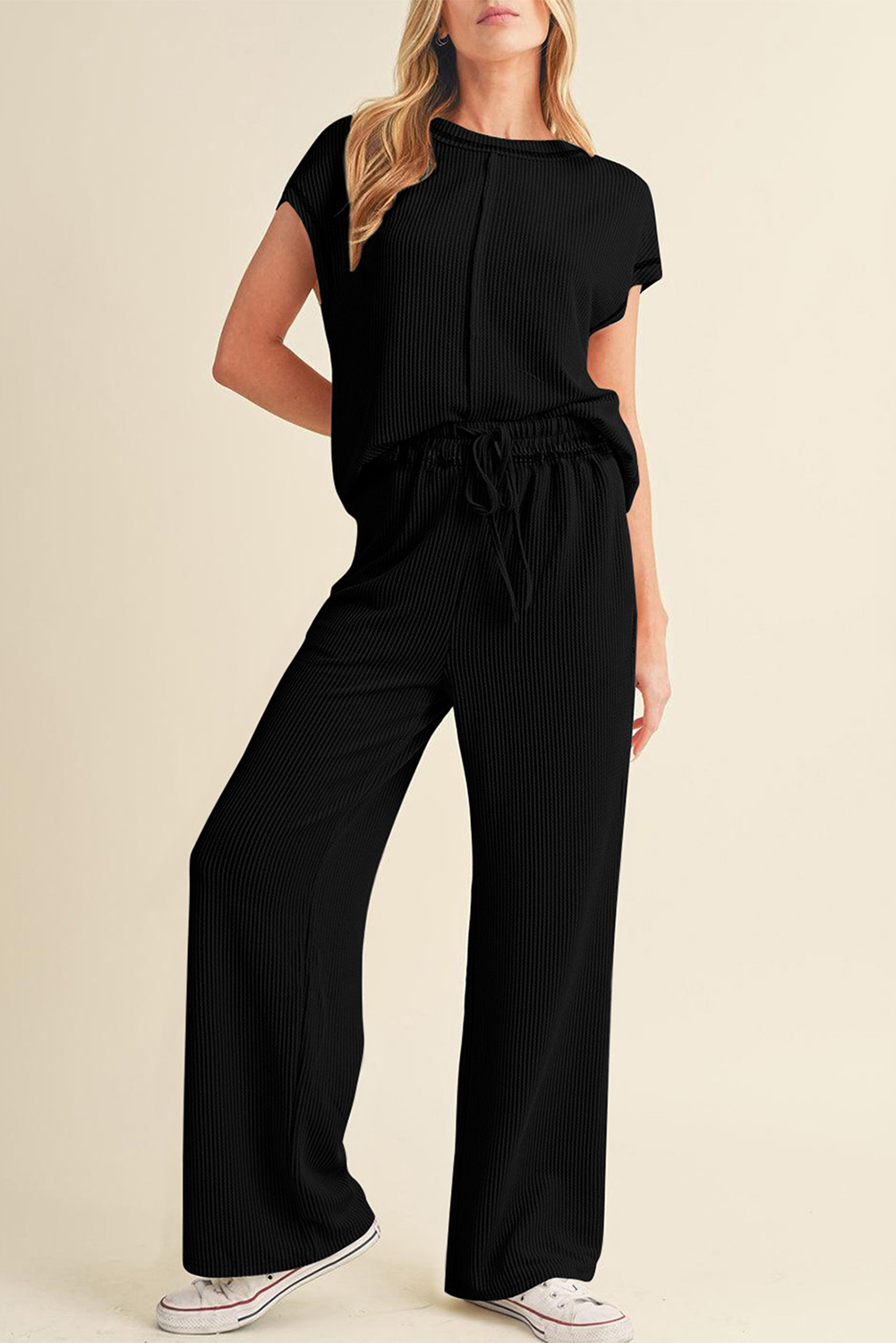 Black Solid Color Corded Short Sleeve Top and Casual Pants Set