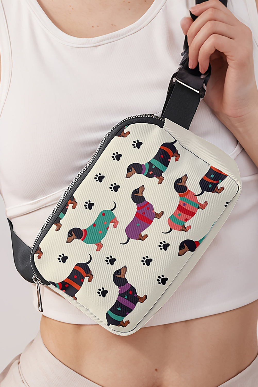 White Dachshund Walking Footprint Crossbody Bag