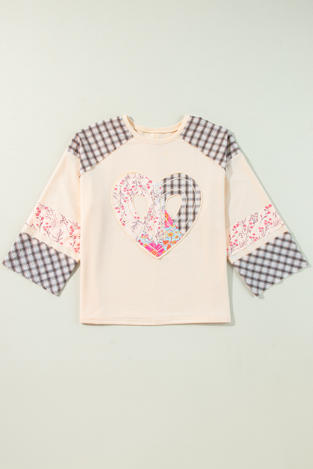 Beige Flower Patch Graphic Exposed Seam Wide Sleeve Top