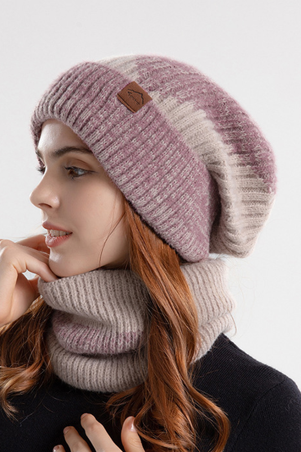 Peach Blossom Cozy Sherpa Liner Stylish Knitted Beanie and Scarf Set