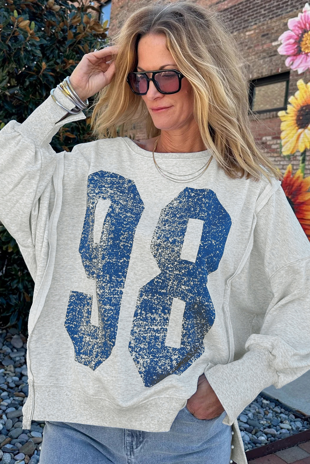 Light Grey Faded Varsity Print Loose Pullover Top