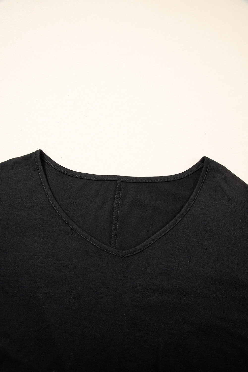 Sail Blue Solid Colour V-Neck Double Layer Sleeve Loose T-Shirt