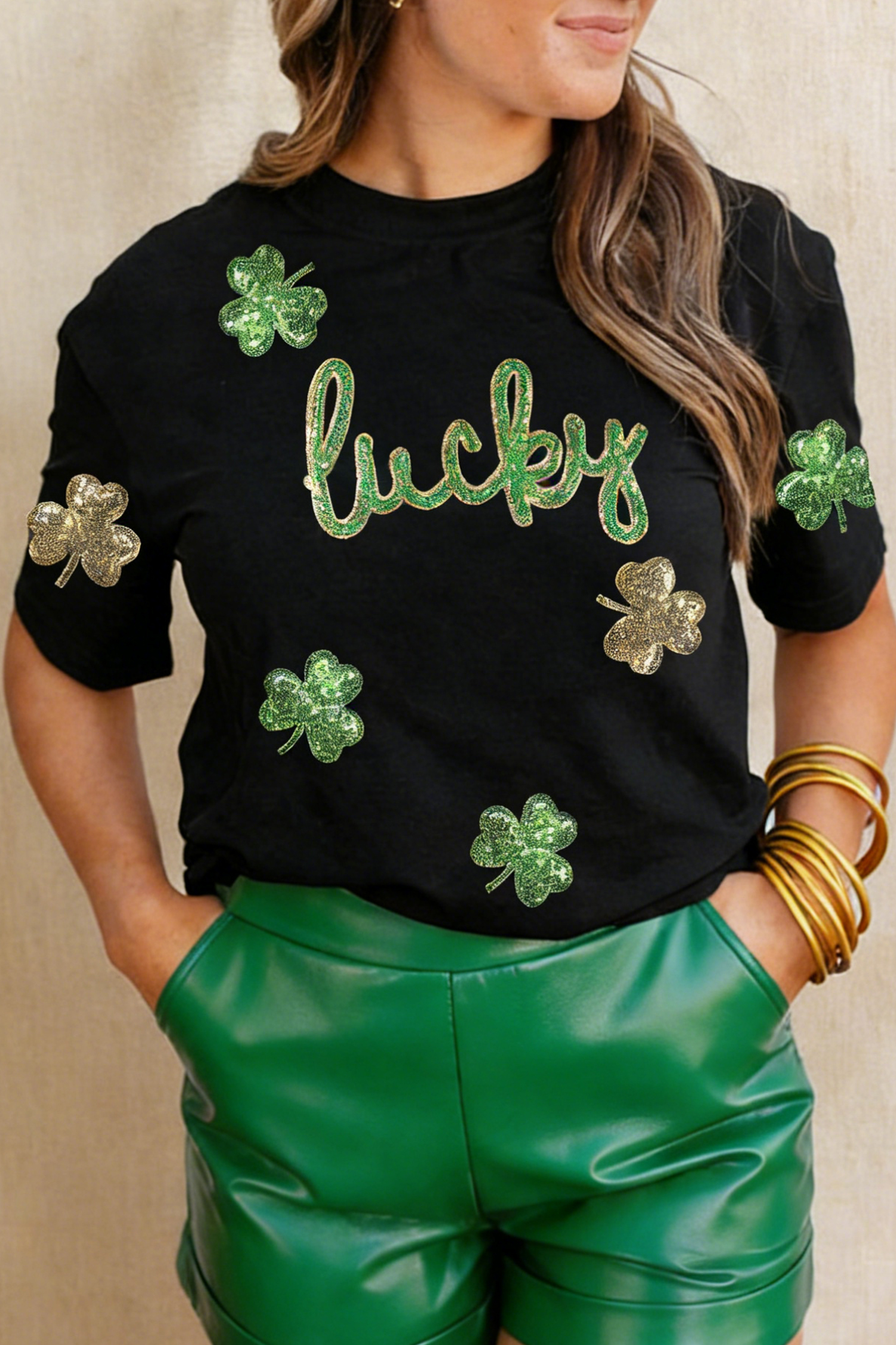 Black Lucky Sequin Shamrock Irish Festive Graphic Tee