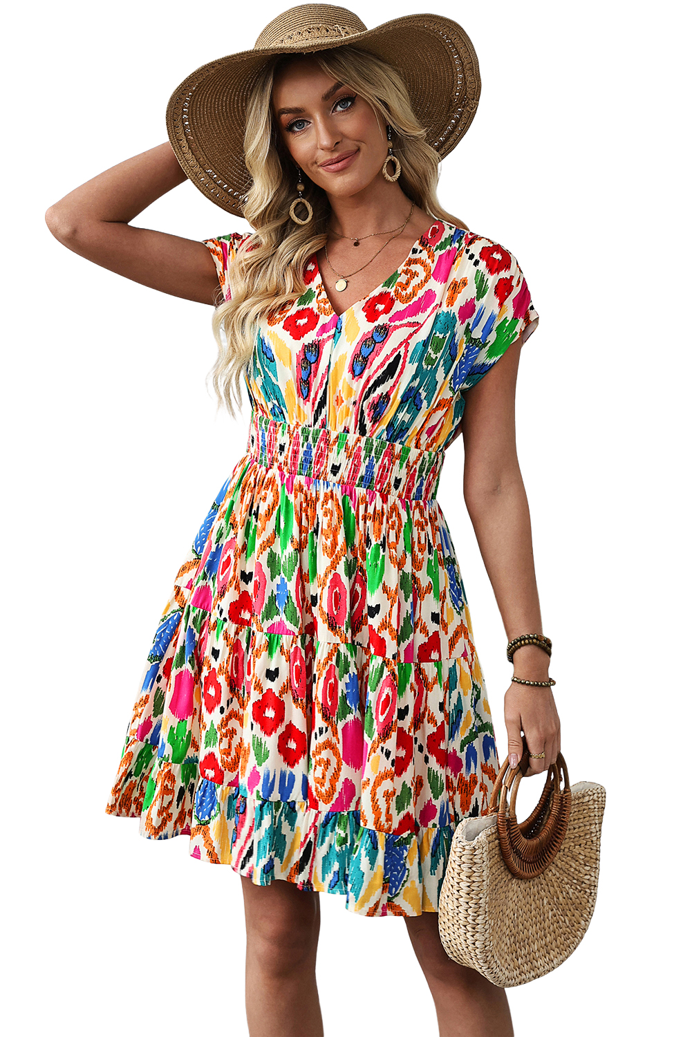 Sky Blue Abstract Print V Neck Dolman Sleeve Ruffle Tiered Mini Dress