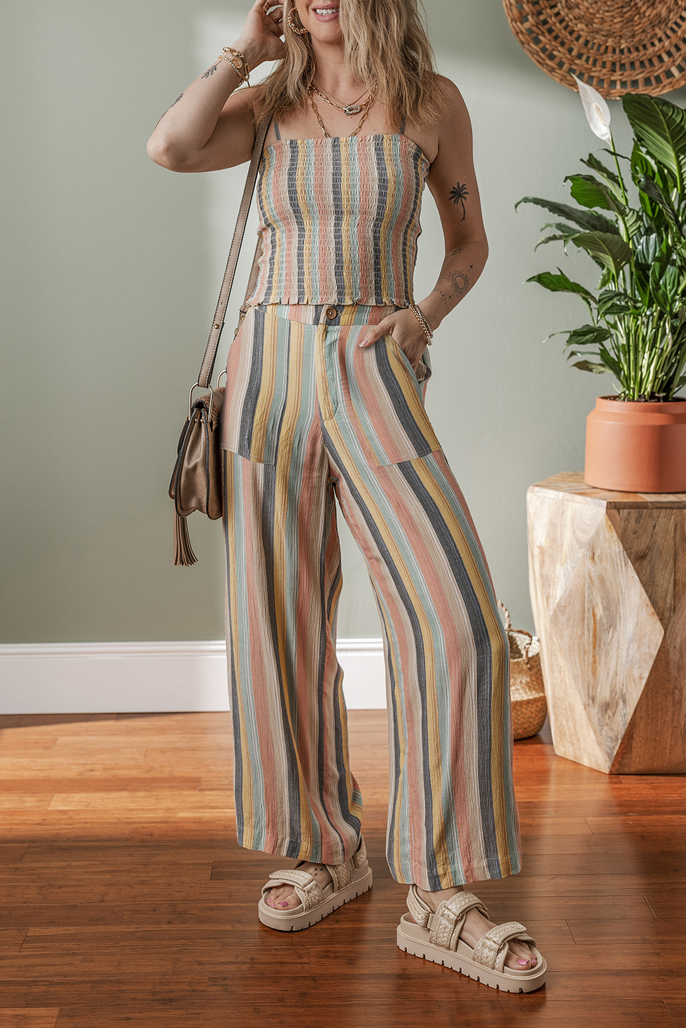 Multicolour Vertical Striped Smocked Cami Top Wide Leg Pants Set