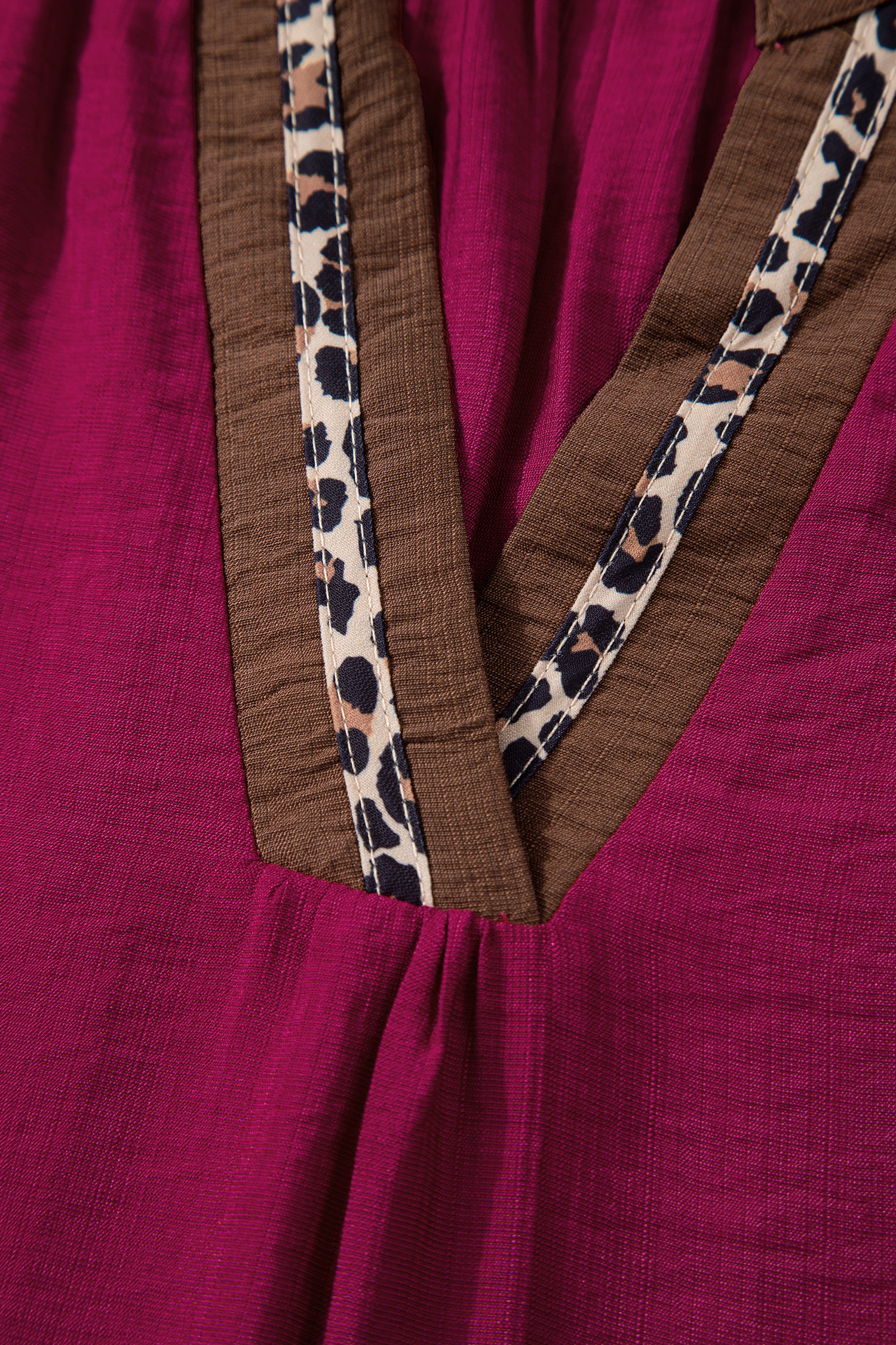 Dirty blue Leopard Trim V Neck Flounced Bracelet Sleeve Blouse