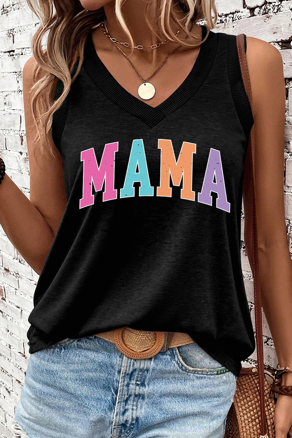 Black MAMA V Neck Loose Fit Tank Top