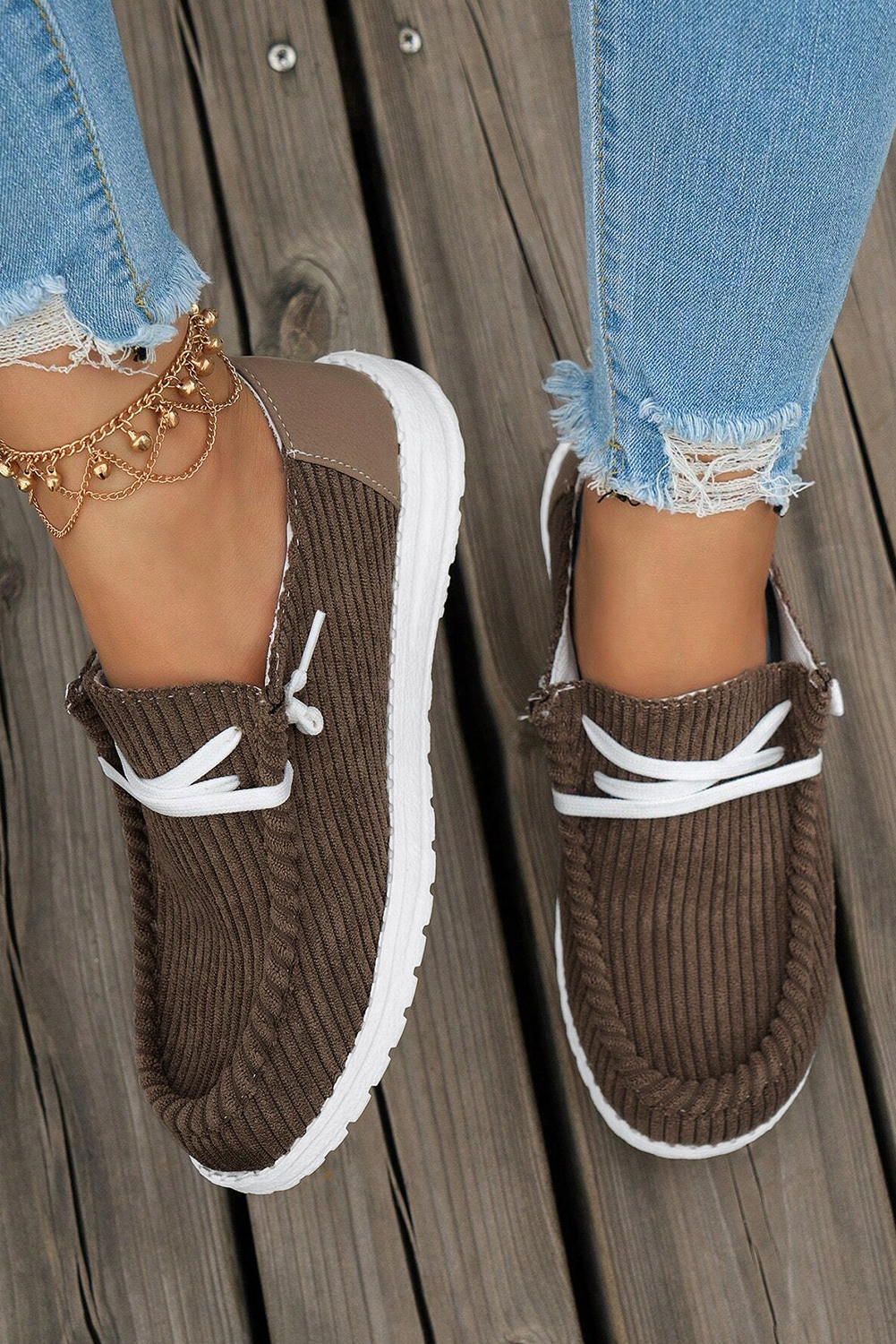Coffee Solid Ribbed Criss Cross Slip On Casual Shoes