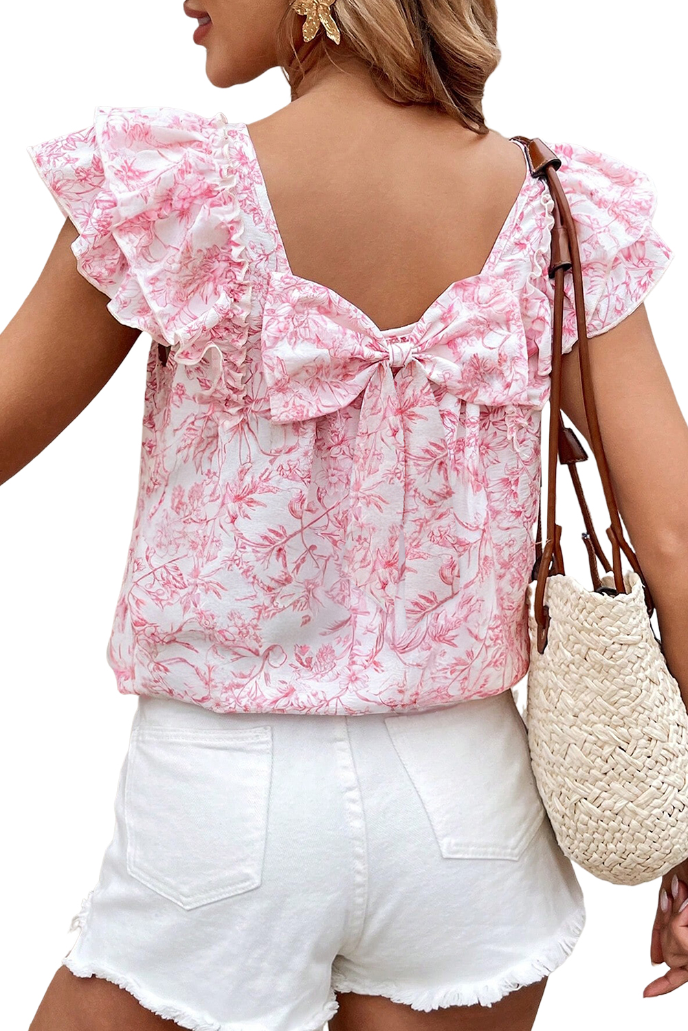 Beau Blue Textured Bow Knot Frilled Butterfly Sleeve Blouse