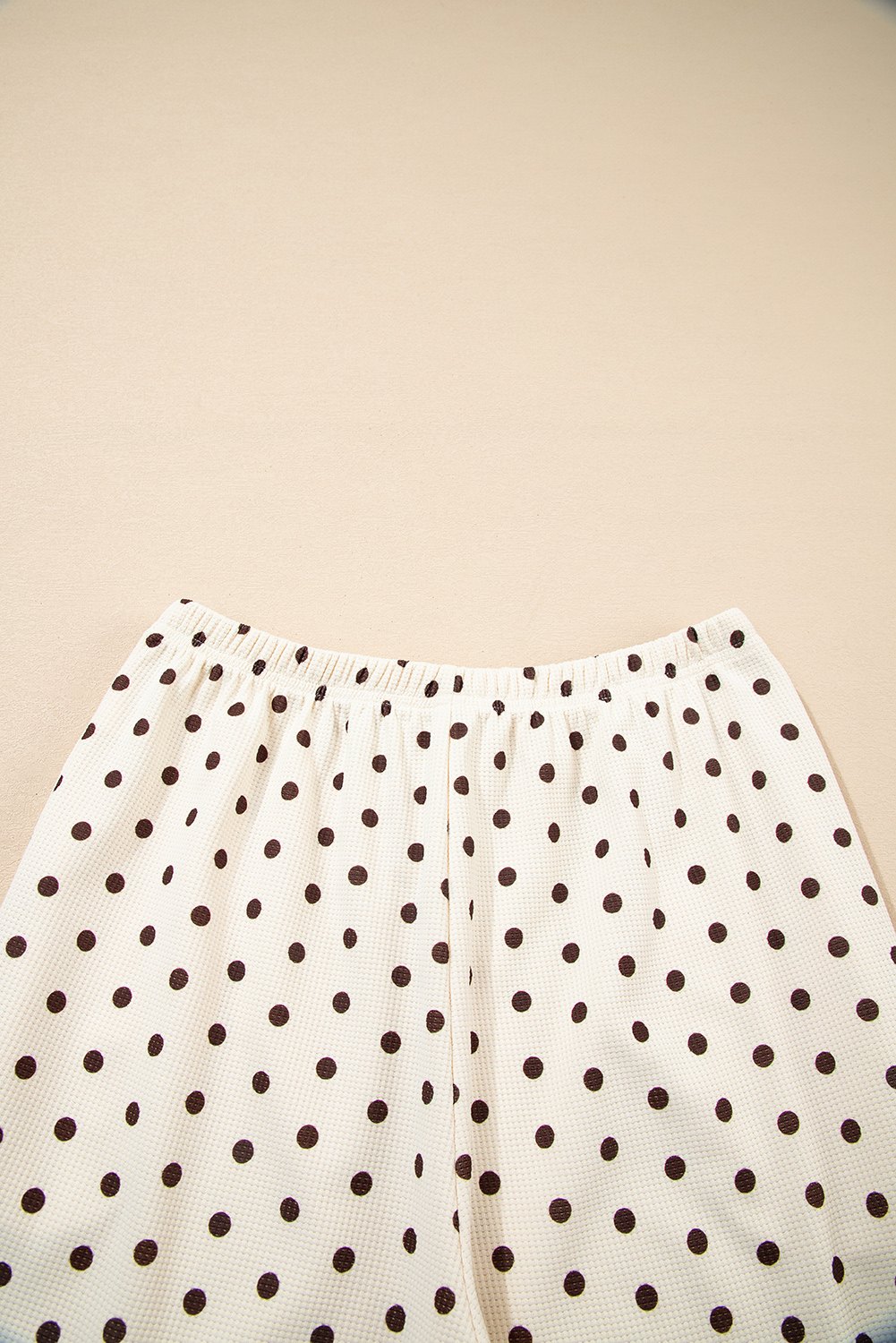 White Polka Dot Print Notched Neck Long Sleeve Top Drawstring Jogger Pants Waffle Knit Lounge Set