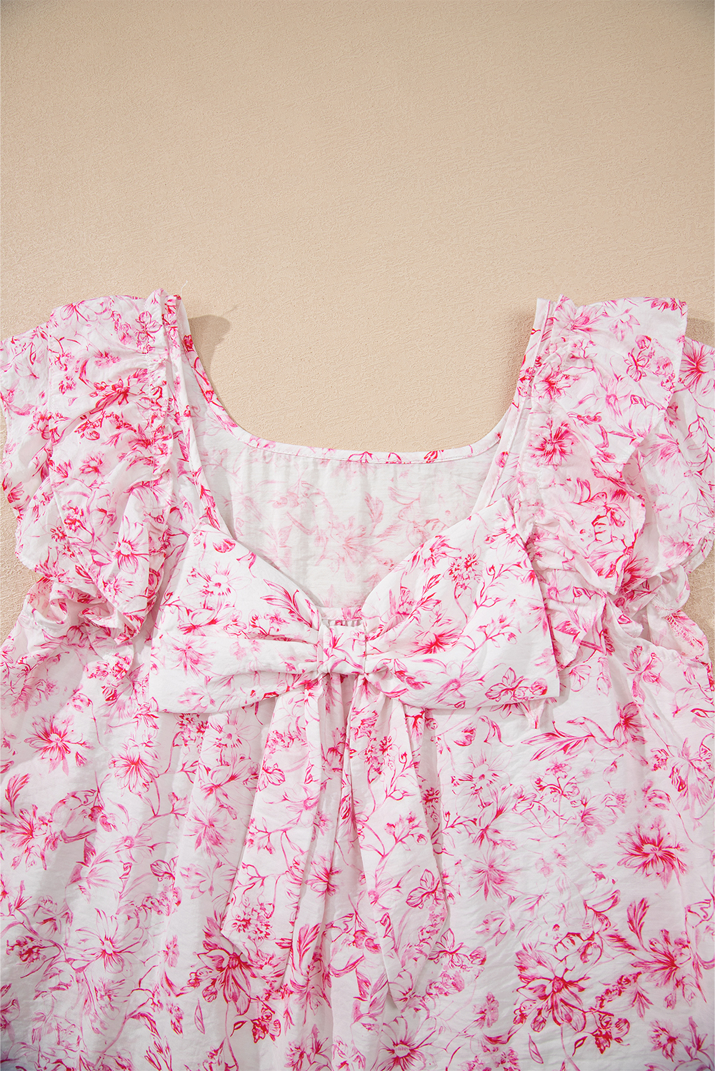 Beau Blue Textured Bow Knot Frilled Butterfly Sleeve Blouse