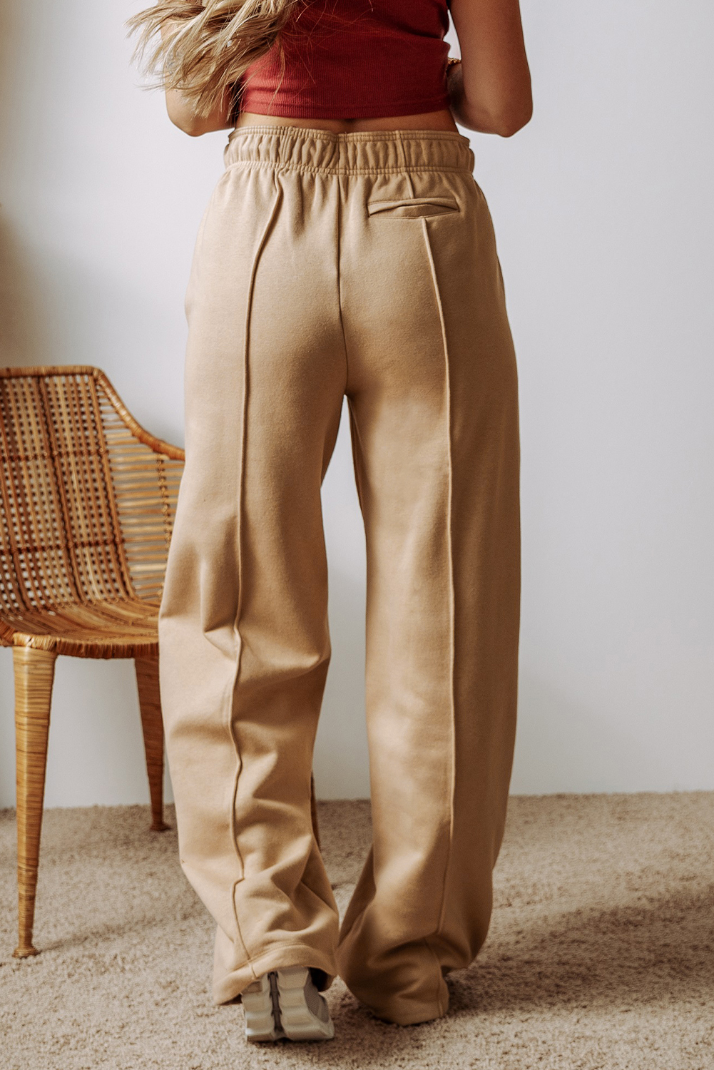 Smoke Gray Exposed Seam Drawstring Elastic Waistband Wide Leg Pants