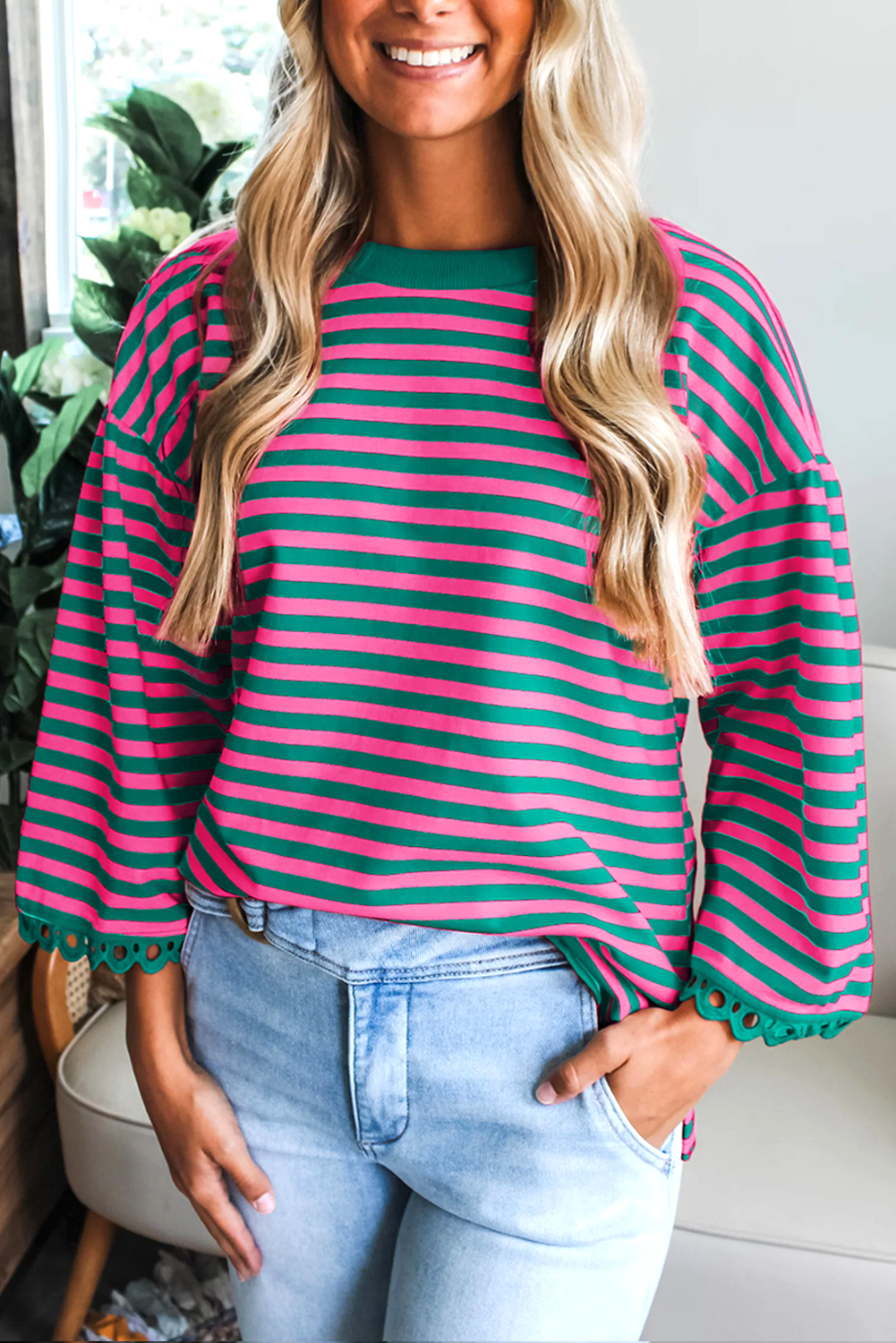 Racing Red Striped Print Drop Shoulder Lace Trim Bracelet Sleeve Loose Top