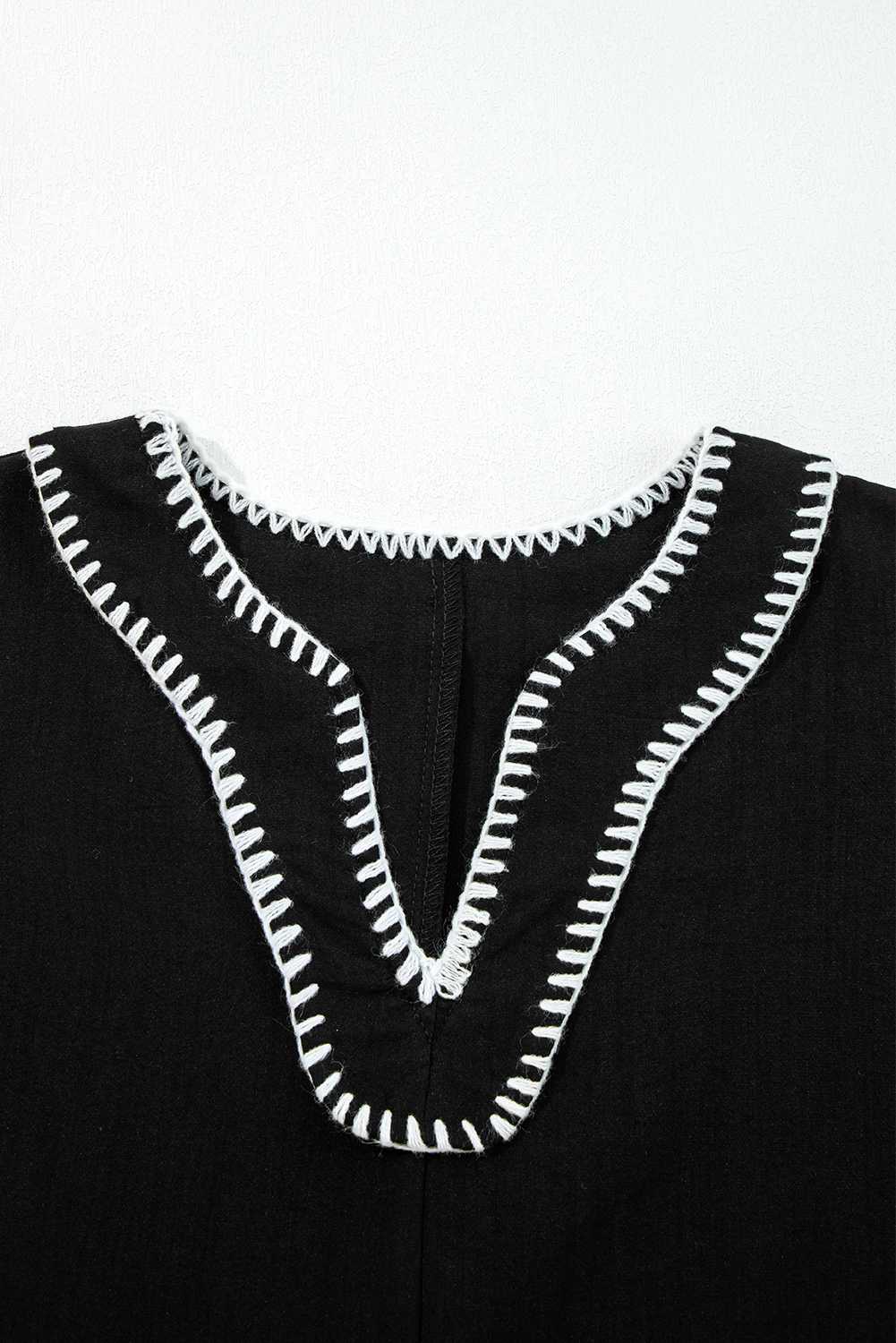 Black Contrast Stitched V Neck 3/4 Sleeve Tiered Mini Dress
