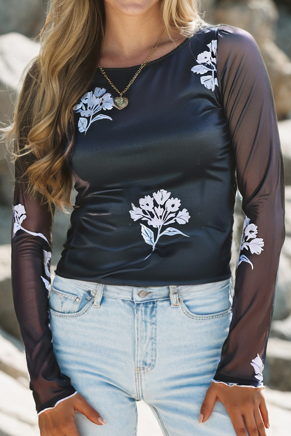 Black Floral Print Sleek Bodice Mesh Long Sleeve Top