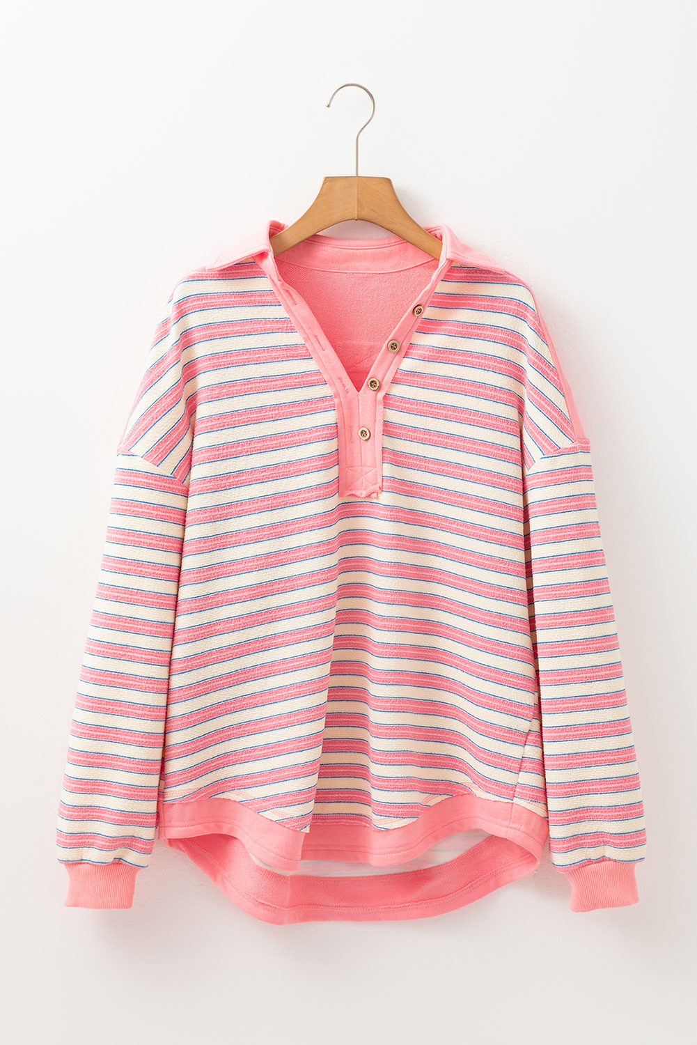 Red Stripe Buttoned V Neck Collared Drop Shoulder Top