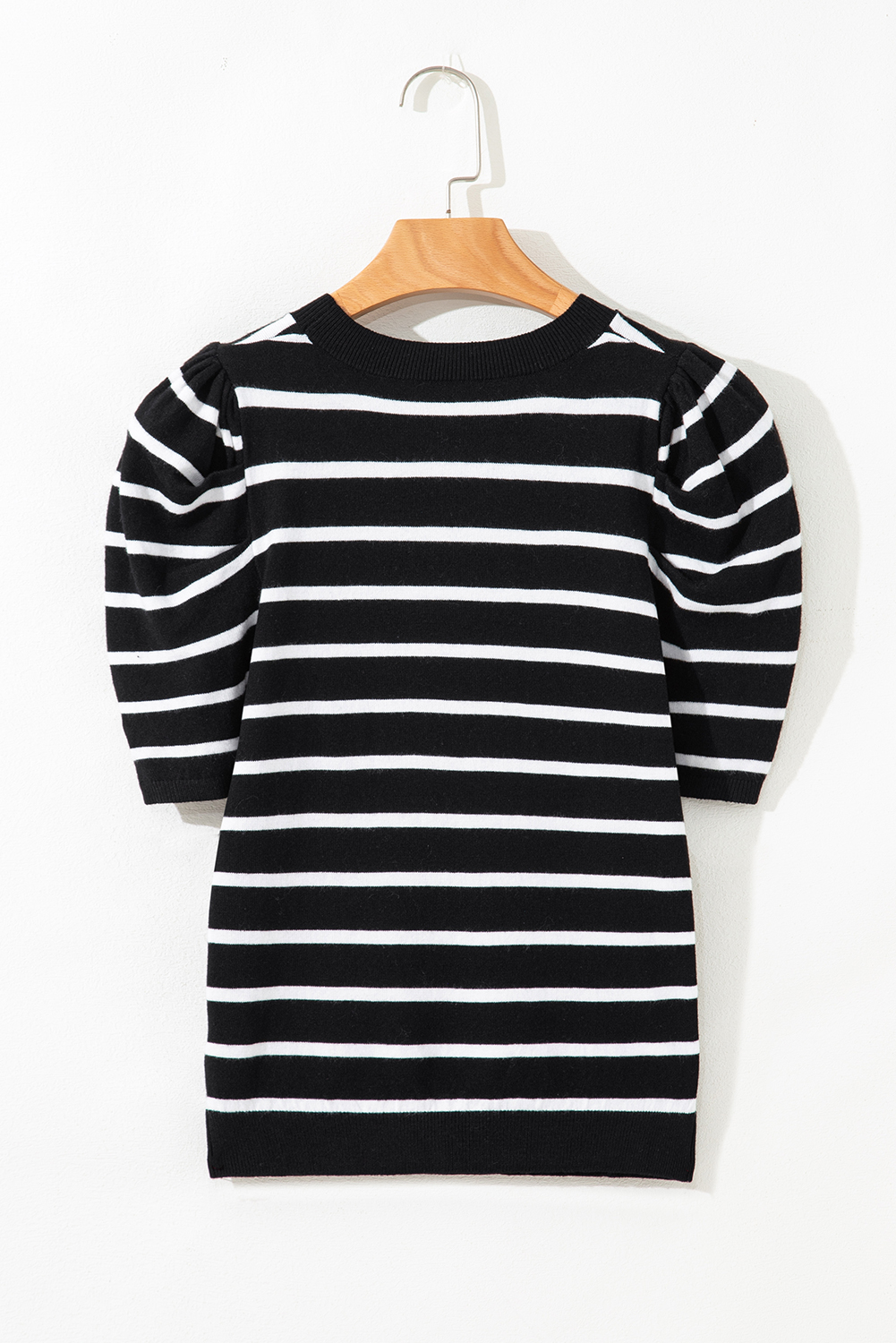 Blue Stripe Ribbed Trim Round Neck Bubble Sleeve Knitted Top