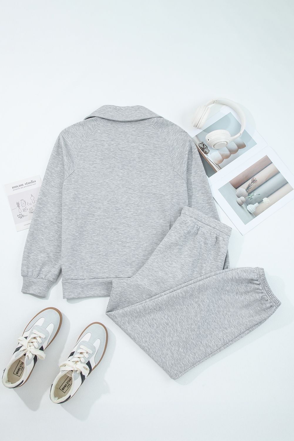 Black Zip Collar Long Sleeve Top Drawstring Pants Set