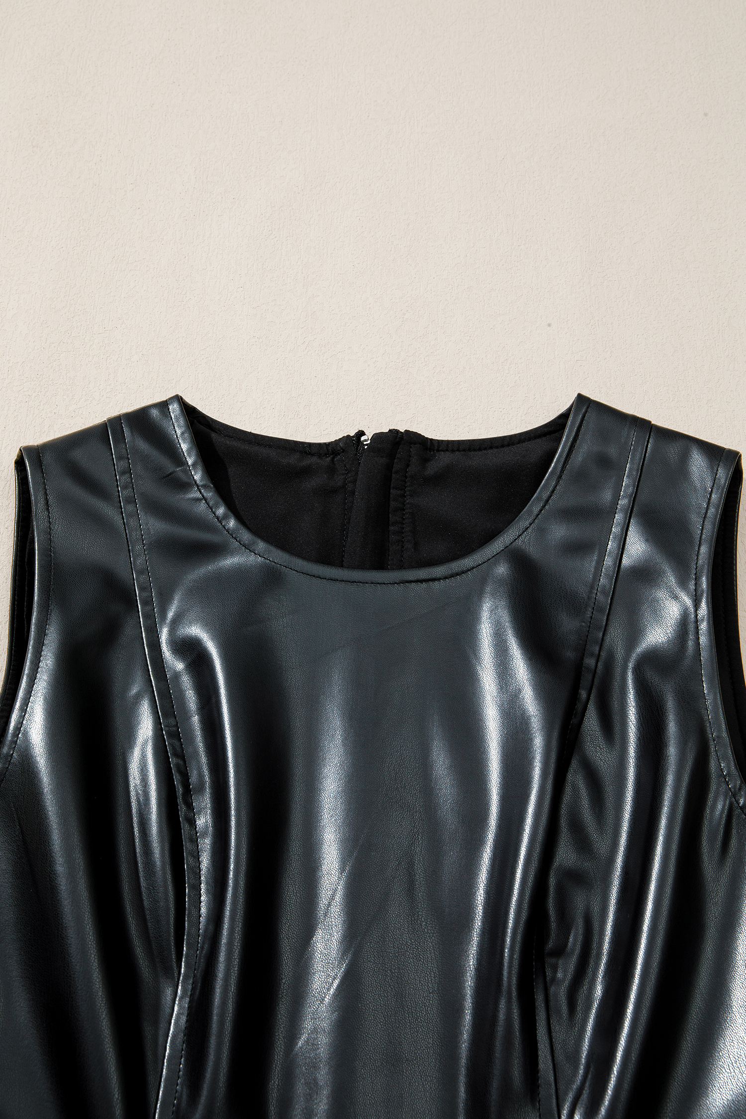 Black Faux Leather Ruffle Hem Sleeveless Mini Dress