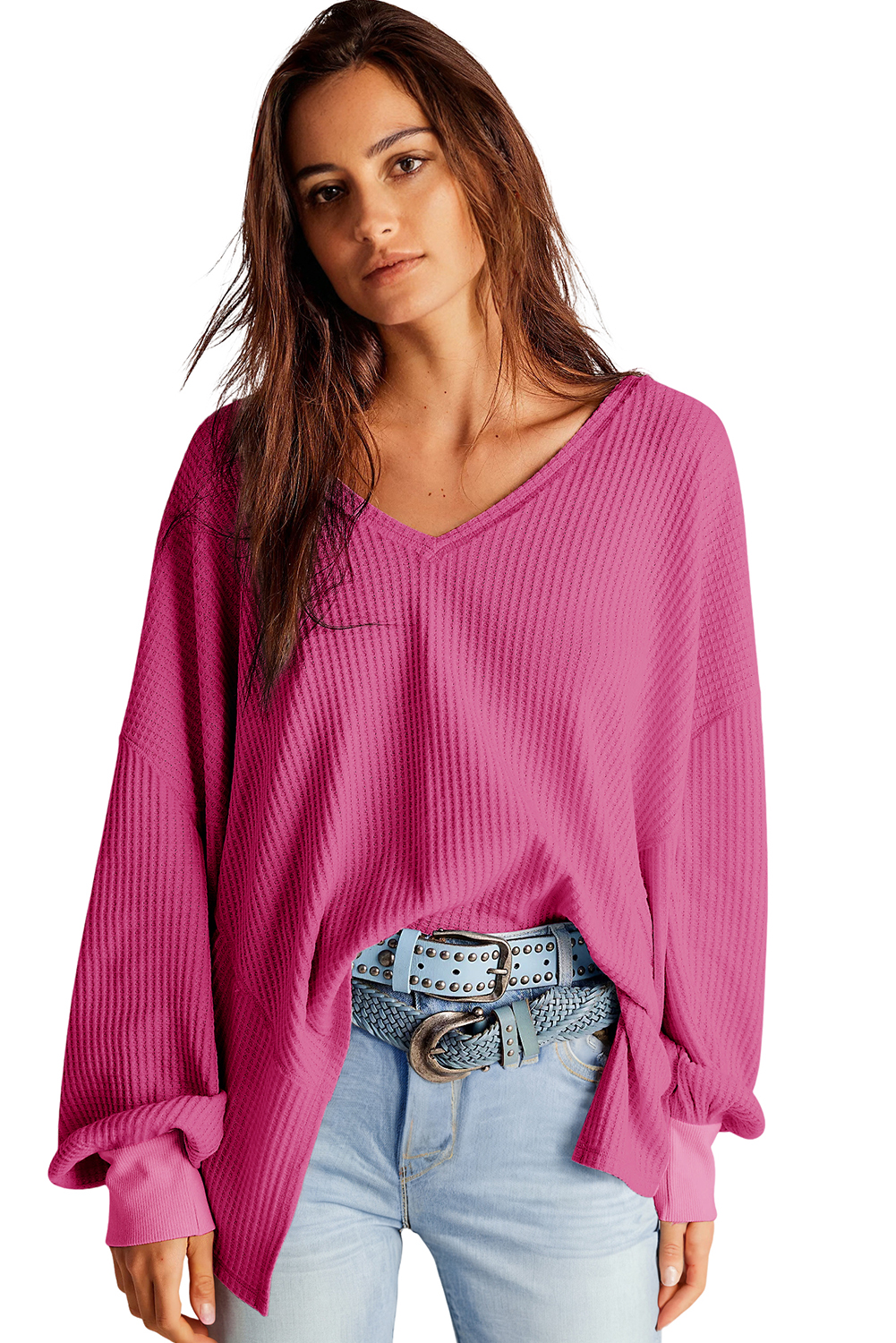 Light Pink Waffle V Neck Long Sleeve Drop Shoulder Loose Blouse
