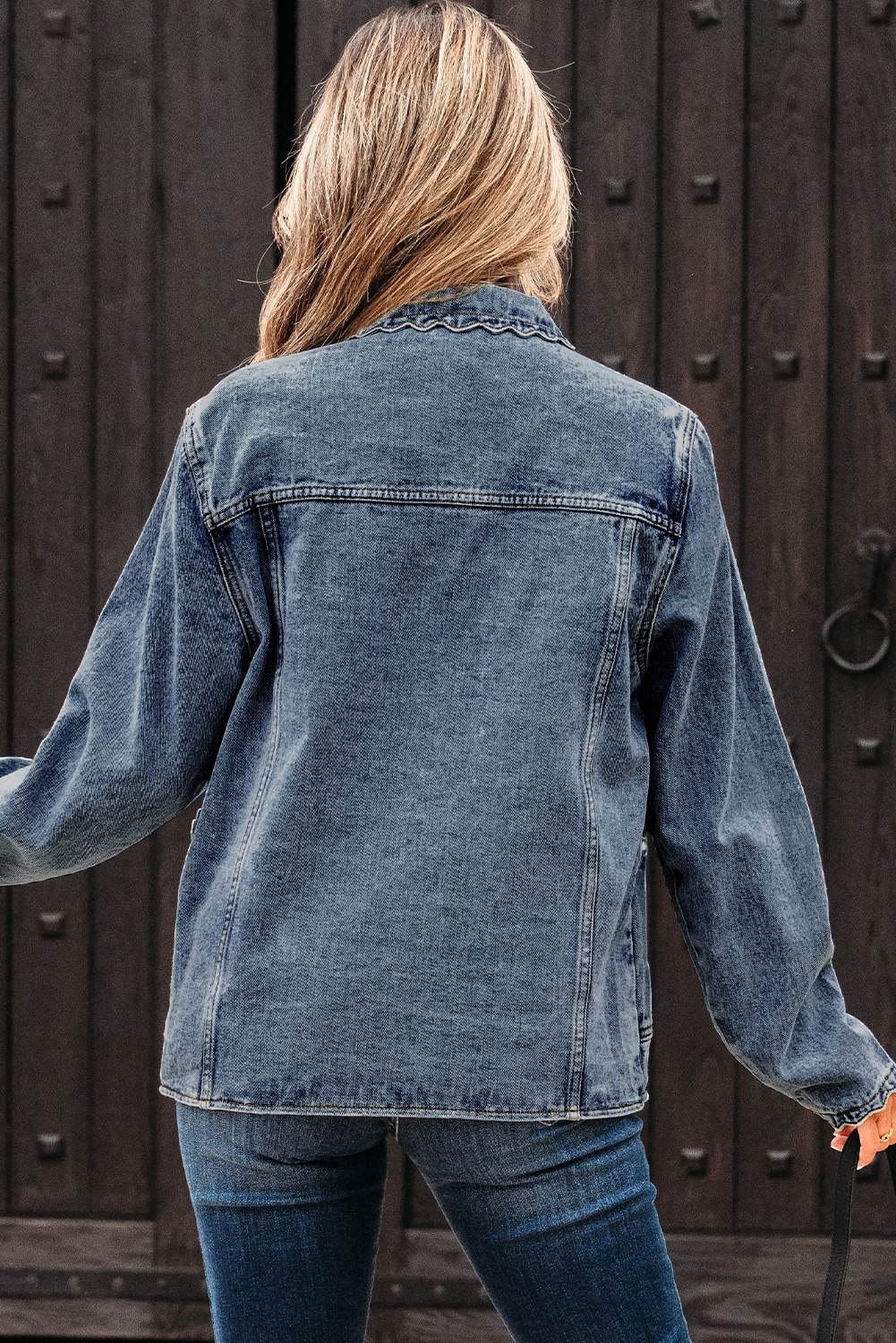 Myosotis Scallop Trim Collar Patched Pocket Button Up Mineral Washed Denim Jacket