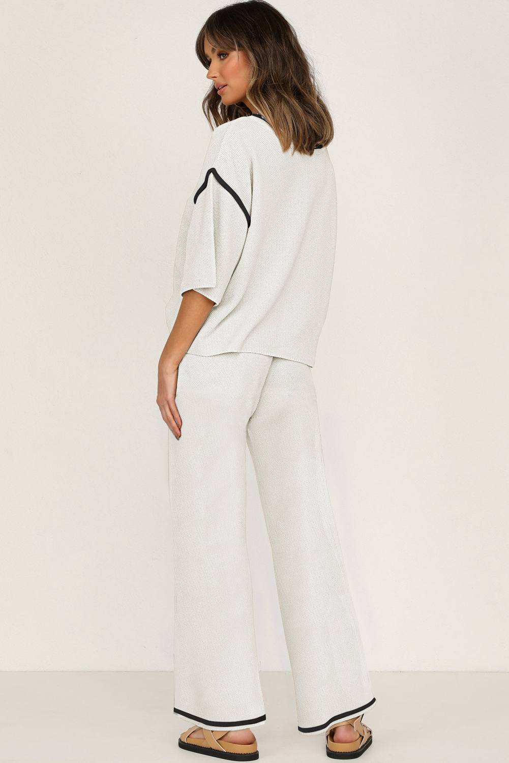 Blackish Green Contrast Trim Half Sleeve Top Drawstring Pants Loose 2pcs Sweater Suit