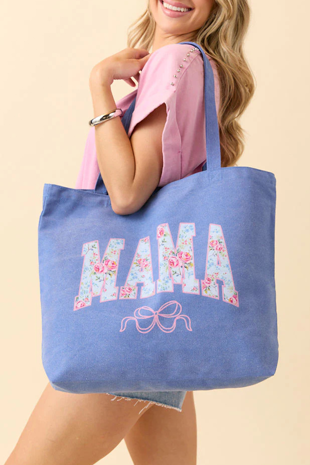 Blue Floral MAMA Letter Bow Print Canvas Tote Bag