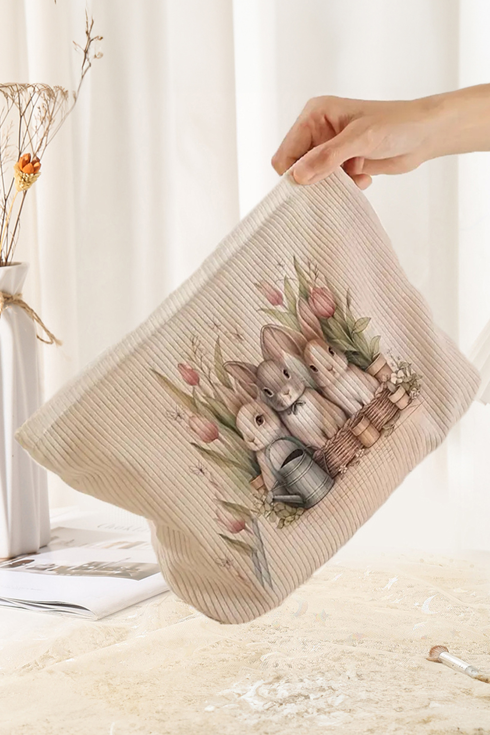 White Eater Bunny Print Corduroy Zipper Cosmetic Bag